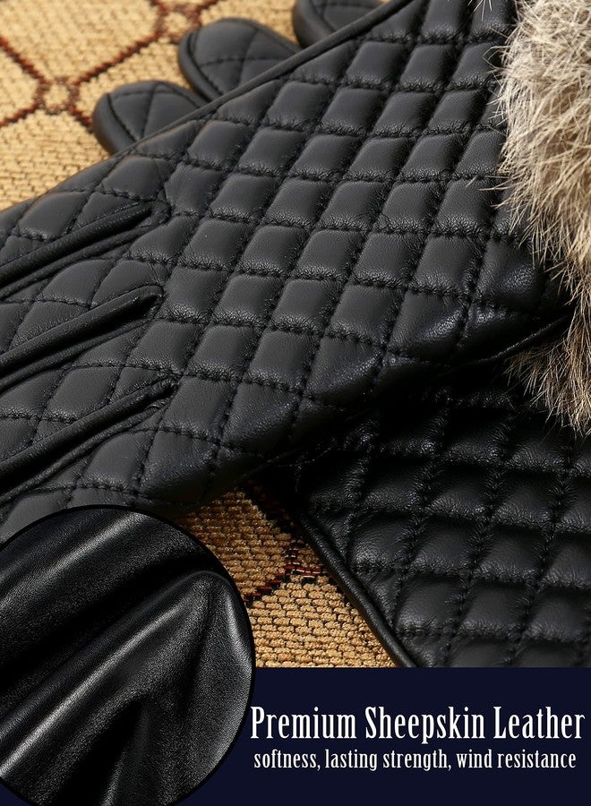 VIKIDEER Winter Warm Cashmere Lining Rabbit Fur Cuffs Leather Gloves for Women Touchscreen Black Large - Image 3
